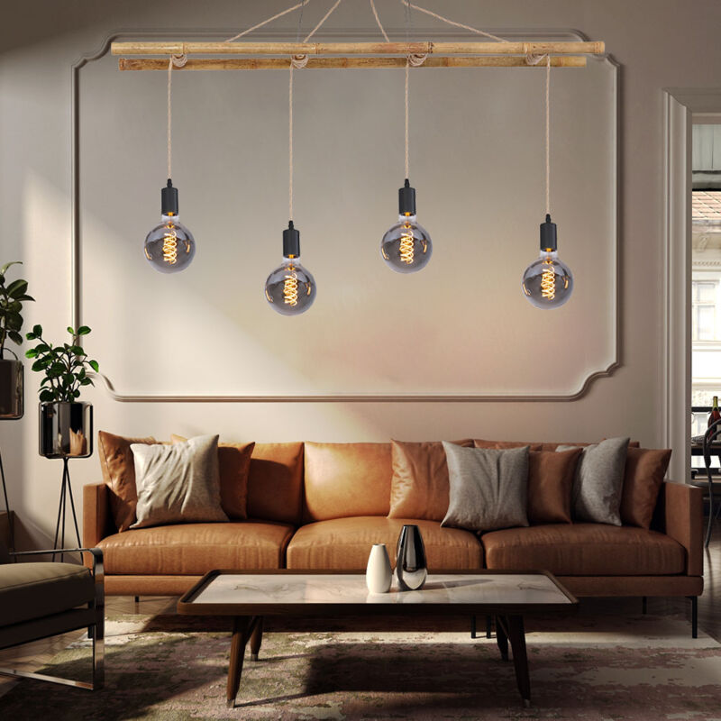 Globo - Lampe à suspension en bambou, lampe à suspension style maison de campagne, échelle en bambou, corde de chanvre couleur naturelle, 4x E27, Lx