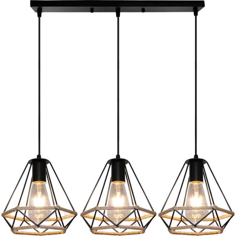 Lampe à Suspension En Corde De Chanvre 20CM Lustre Rétro En Diamant Noir, Plafonnier D'Intérieur à 3 Lumières Pour Chambre à Coucher Loft
