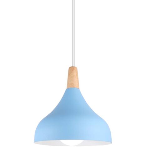 Lampe à suspension en métal rond simple et moderne nordique , Plafonnier E27 Iuminaires finition bois pour salon cuisine chambre à coucher (Bleu)
