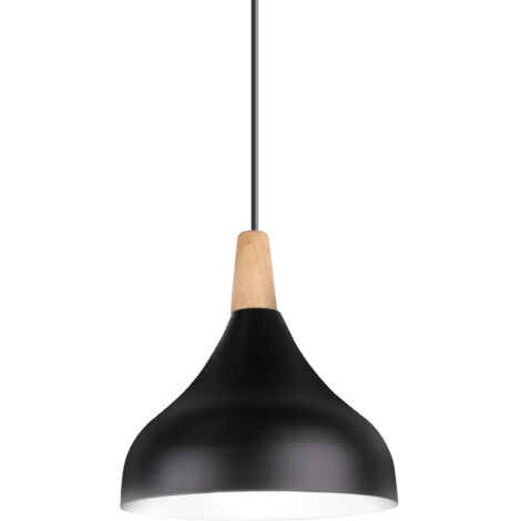 Lampe à suspension en métal rond simple et moderne nordique , Plafonnier E27 Iuminaires finition bois pour salon cuisine chambre à coucher (Noir)