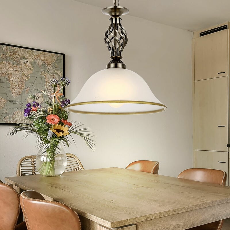Lampe à suspension en verre, plafonnier de cuisine, éclairage en verre satiné, bord de la lampe en laiton antique, 1 x E27 biseauté, DxH : 30x120 cm