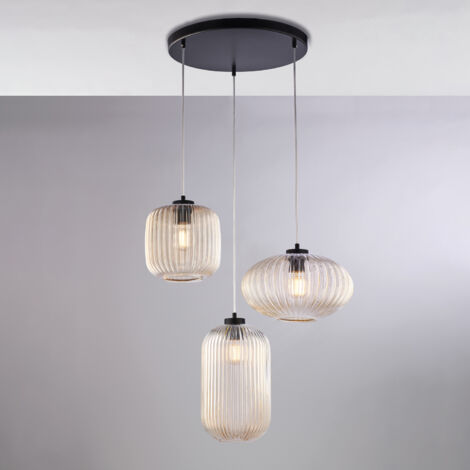 Lampe À Suspension Glamour En Fer Laqué Noir Avec Câbles Électriques Réglables Et Diffuseurs En Verre Soufflé Ambré