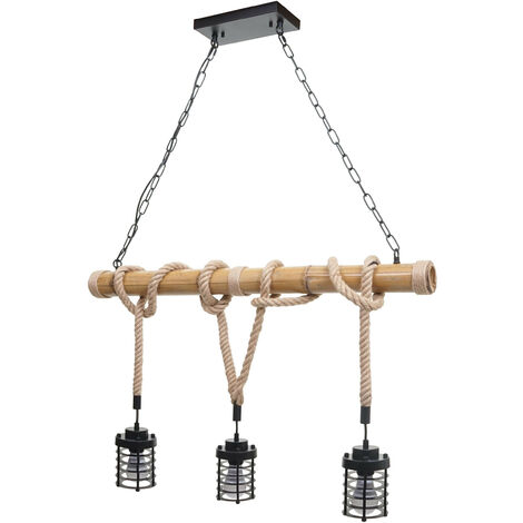 Lampe à suspension HWC-H82, corde de bambou, vintage industriel métal noir  3x abat-jours cage