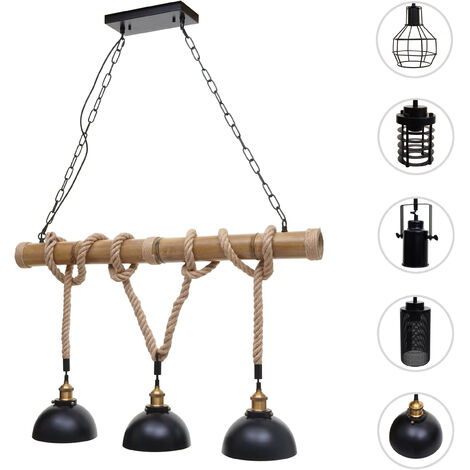 Lampe à suspension HWC-H82, corde de bambou, vintage industriel métal noir  3x abat-jours tubulaire