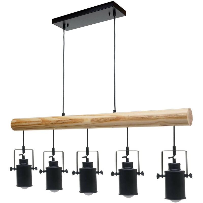 Lampe à suspension HW C-H83, bois massif, métal industriel, réglable en hauteur, noir 5x abat-jours