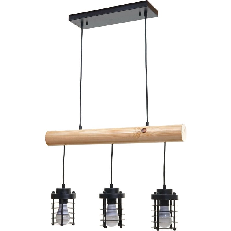 Lampe à suspension HWC-H83, métal industriel, bois massif, noir 3x abat-jours cage