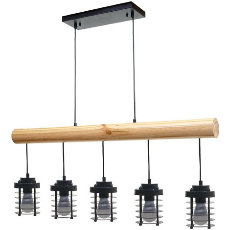 Lampe à suspension HWC-H83, métal industriel, bois massif, noir 5x abat-jours cage