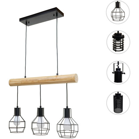Lampe à suspension HWC-H83, métal industriel, bois massif, noir  5x abat-jours tubulaires