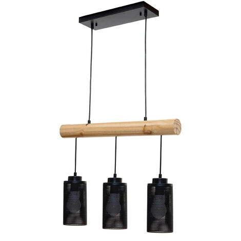 Lampe à suspension HWC-H83,métal industriel, bois massif, noir 3x abat-jours tubulaires