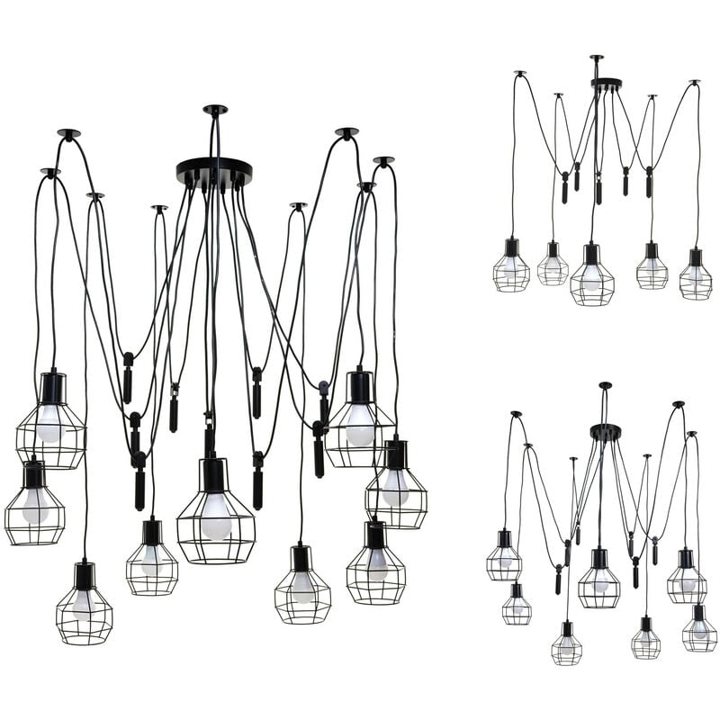 Lampe à suspension HW C-H85, métal industriel, réglable en hauteur, noir 9x abat-jours cage