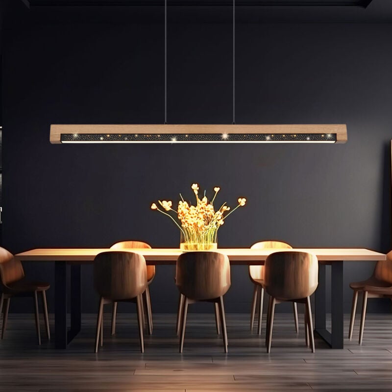 Suspension lampe en bois lampe de table à manger lampe de salon lampe de cuisine, métal aluminium bois plastique noir marron, 1x led 24W 580Lm 3000K