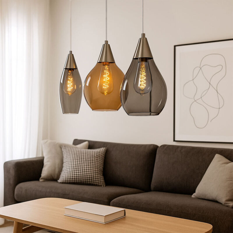 Lampe à suspension Lampe de table à manger Lampe à suspension salon 3 flammes, métal verre, 3x E27 douilles, LxH 90x150 cm