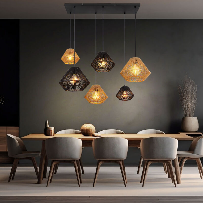 Lampe à suspension lampe de table à manger lampe de salon en corde naturelle style bohème, métal corde naturelle beige noir, 6x E27, l x h 102 x 120