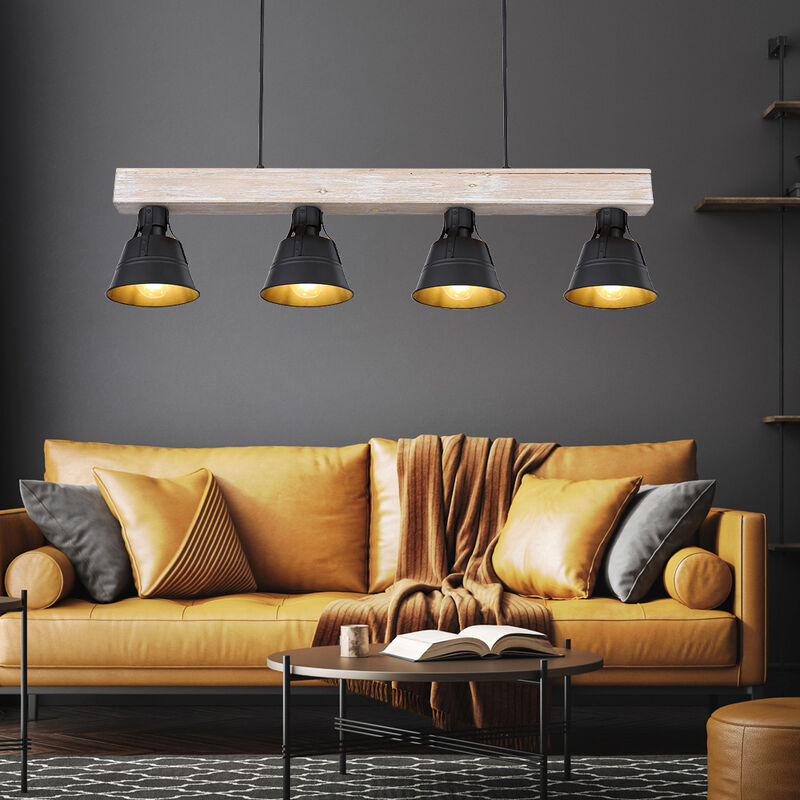 Plafonnier pendule rétro noir FILAMENT suspension bois naturel dans un ensemble comprenant des ampoules LED