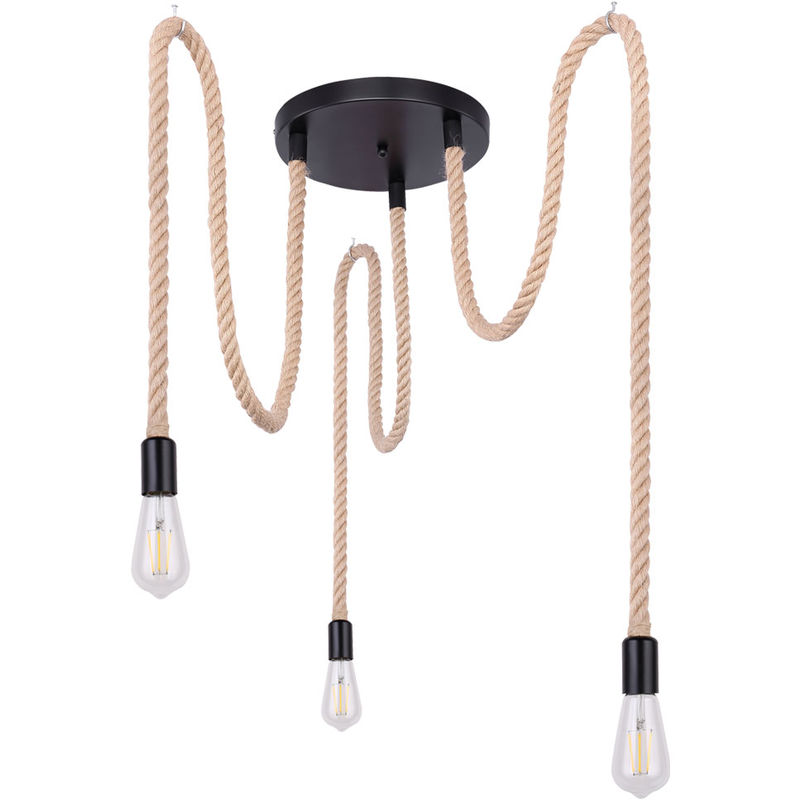Plafonnier suspension corde de chanvre salon rétro filament suspension lampe dans un ensemble comprenant des ampoules LED