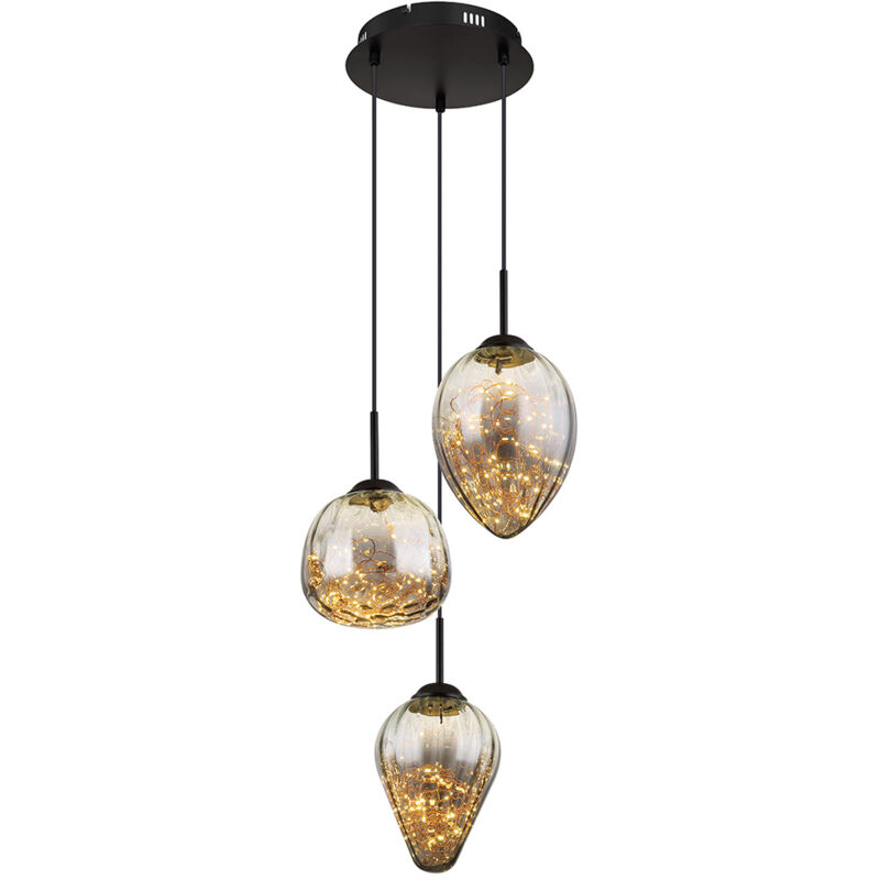 Lampe à suspension LED lampe de table à manger lampe de salon en verre fumé lampe suspendue 3 ampoules, métal, 24W 1409lm blanc chaud, DxH 39 x 120 cm
