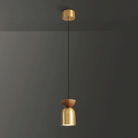 Lampe à suspension LED moderne, lampe de chevet en bois, lampes à suspension en laiton avec abat-jour en acrylique, mini lustres cuivrés, lampes à gouttes simples nordiques, 5 W - Lumière tricolore