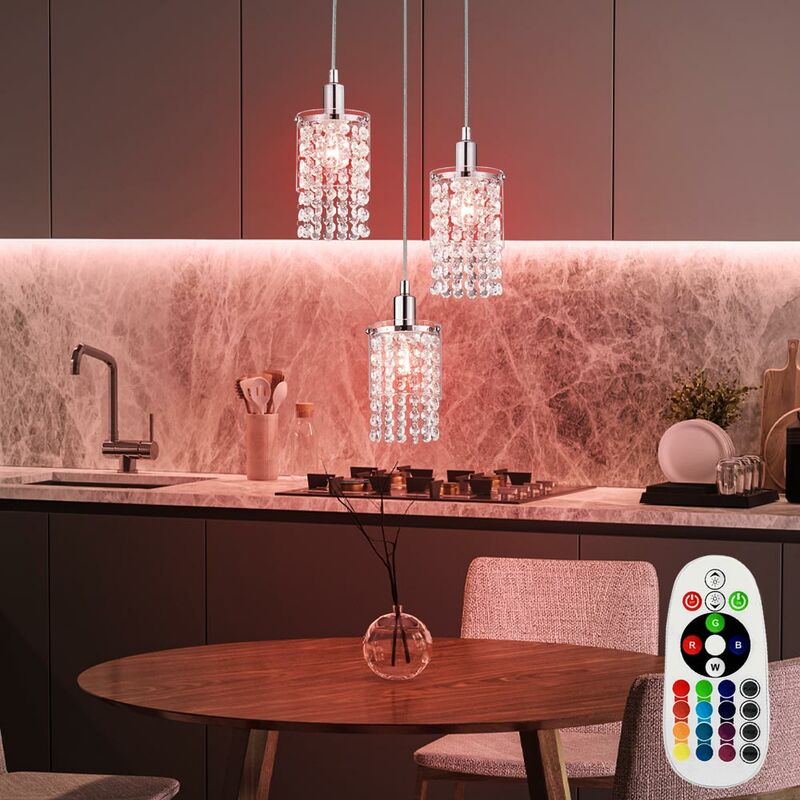 Lampe à suspension, dimmable, pendule en cristal, plafonnier en verre, télécommande dans un ensemble comprenant des ampoules LED RVB