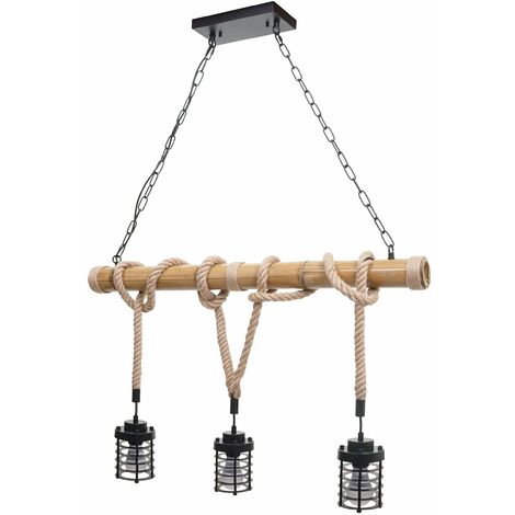 Lampe à suspension lustre style ndustrielle vintage bambou corde métal noir 3x Abat-Jour cage 040004045