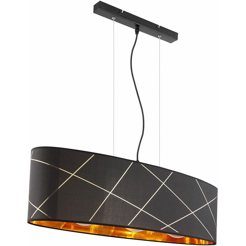 Lampe à suspension abat-jour en or noir, suspension de salon avec abat-jour en tissu, motif métal, 3x E27, LxH 23x140 cm