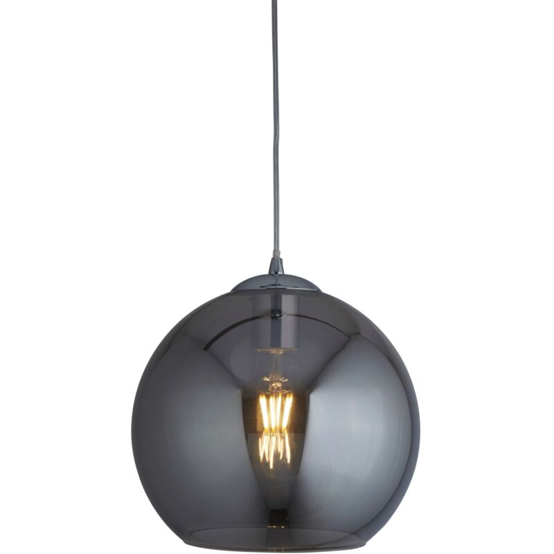 Lampe à suspension métal verre fumé D : 35 cm H : max 120 cm chrome gris fumé abat-jour boule E27 rond Lampe à suspension métal verre fumé D : 35 cm H : max 120 cm chrome gris fumé abat-jour boule E27 rond
