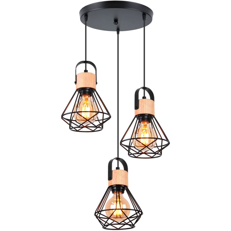 3 Lumières Suspension Luminaire Rétro Lampe à Suspension Vintage Plafonnier D'Intérieur Moderne En Métal Et En Bois Noir