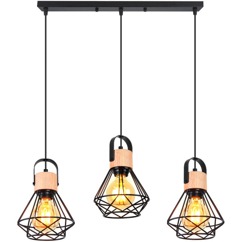 Suspension Luminaire Rétro 3 Lumières Lampe à Suspension Vintage Plafonnier D'Intérieur Moderne En Métal Et En Bois Noir