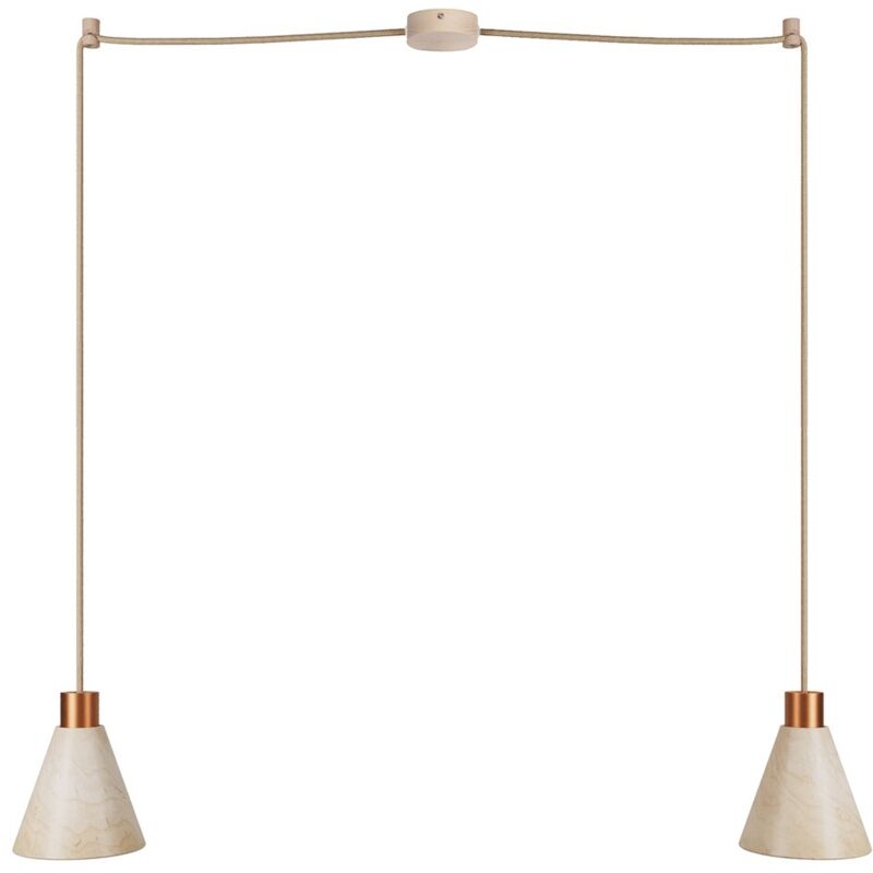 Lampe à suspension multiple à 2 bras avec abat-jours coniques en bois Sans ampoule - Cuivre satiné