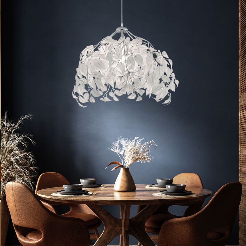 Lampe à suspension, plafonnier, lampe de salon, lampe de salle à manger, métal chromé feuilles blanches, 1x E27, h 150 cm
