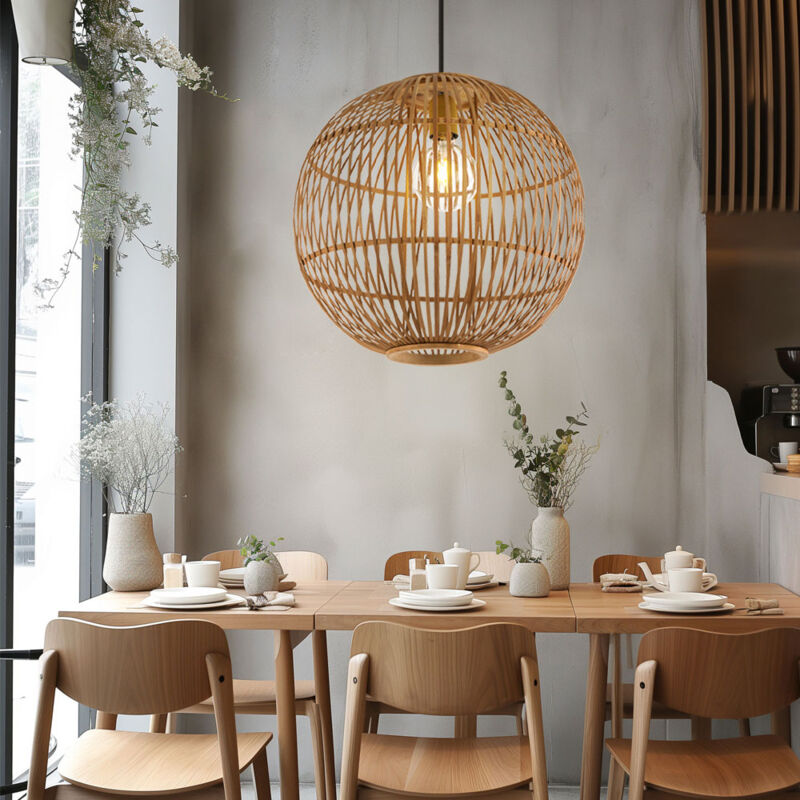 Lampe à suspension Plafonnier Salle à manger Lampe à suspension en maille de bambou de forme sphérique, couleurs bambou naturel, 1x E27, DxH 40x155 cm