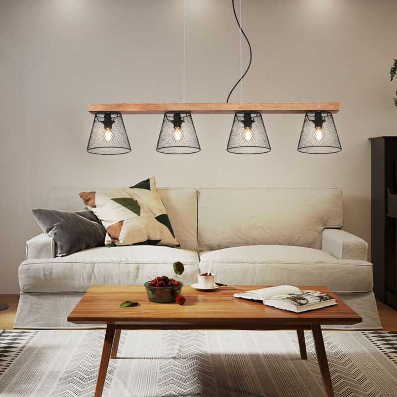 Suspension en bois 4 lumières, lampe de salon noire avec abat-jour en treillis, métal bois, noir marron, 4 douilles E27, LxlxH 85x15x150 cm