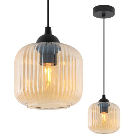 LAMPE À SUSPENSION RIFFLE NOIRE 1 PLAQUE ABAT-JOUR CYLINDRE MIEL E27