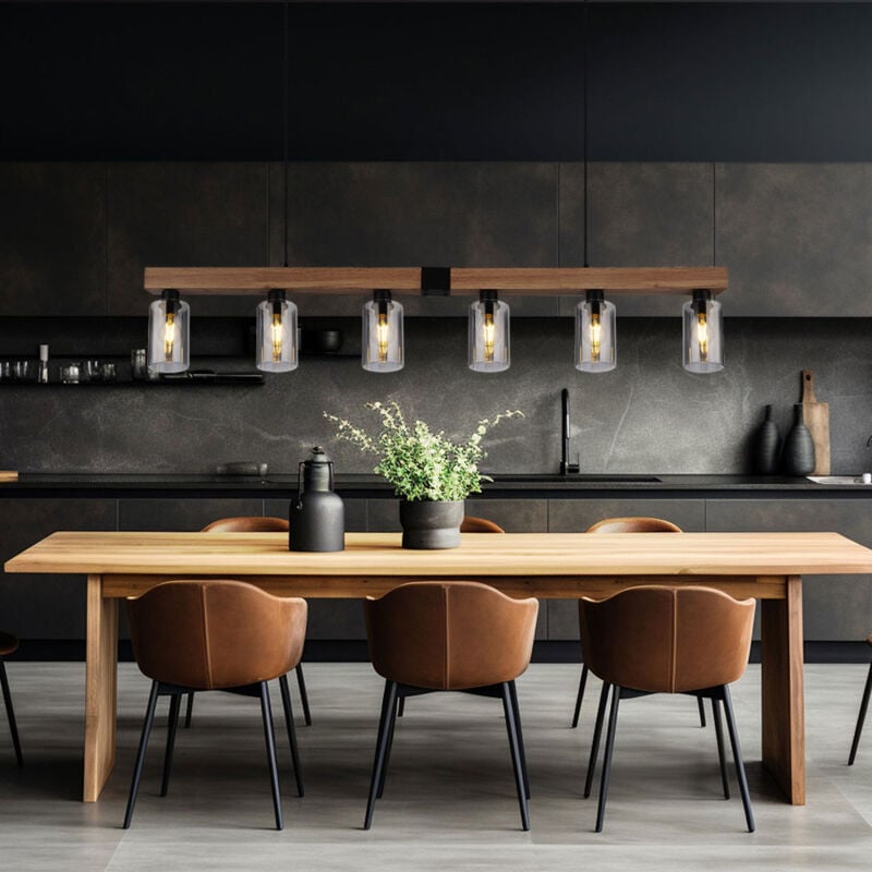 Lampe à suspension suspension aspect bois lampe de table à manger 6 flammes salon, verre fumé métal noir, 6x E27, LxH 140x120 cm