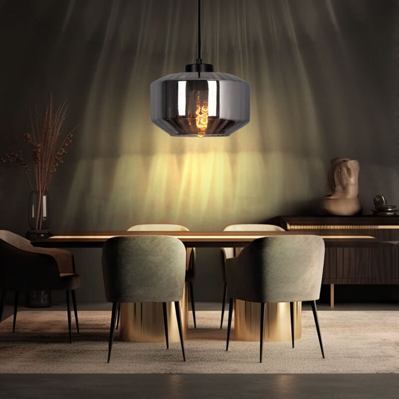 Lampe à suspension suspension lampe de salle à manger, pendule moderne avec abat-jour en verre fumé, bulbeux, métal, noir mat, 1x E27, DxH 24x120 cm