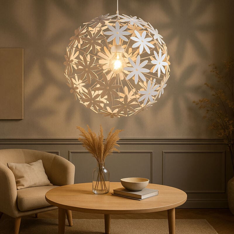 Lampe à suspension suspension lampe de table à manger salon à brancher en forme de fleur, plastique blanc, 1x E27, DxH 60x150 cm