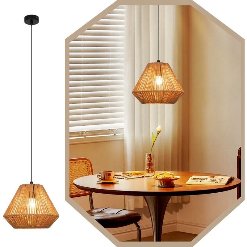 Lampe à suspension vintage Gbly pour table à manger, 1 ampoule, design diamant, corde de chanvre, lampe de table à manger E27 pour chambre à coucher,
