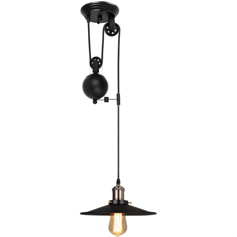 Lampe à Suspension Vintage Lustre à Poulie Rétro Antique 1 Lumière Suspension Luminaire En Métal Noir Douille E27, Plafonnier D'Intérieur
