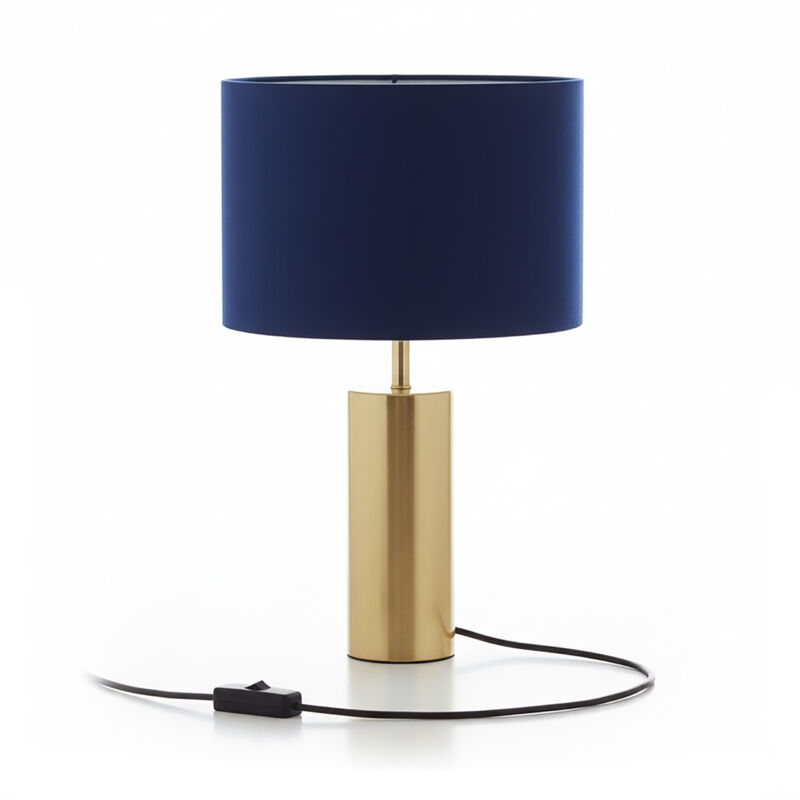 Relaxdays Lampe de table, abat-jour velours, pied métal doré, E27, 51 x 32 cm, lampe de chevet, bleu foncé/doré
