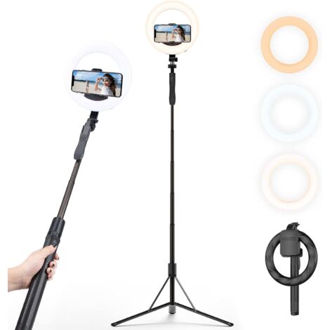 Lampe annulaire rechargeable de 8 pouces avec trépied de 160 cm pour téléphone portable [Nouveau 2021] Lampe de bureau portable sans fil Lampe de remplissage universelle pour la diffusion en direct, l