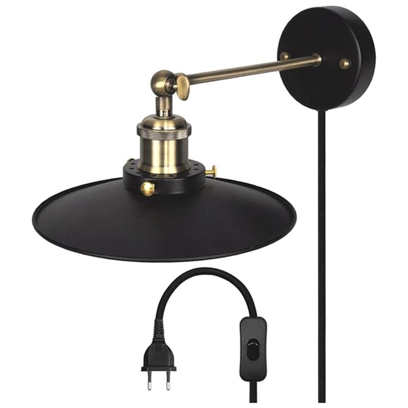 Lampe Applique Murale Couloir Retro avec Abat Jour en Metal Noire, Douille de Lampe E27, Prise Alimentation et Interrupteur, Diamètre de Abat Jour