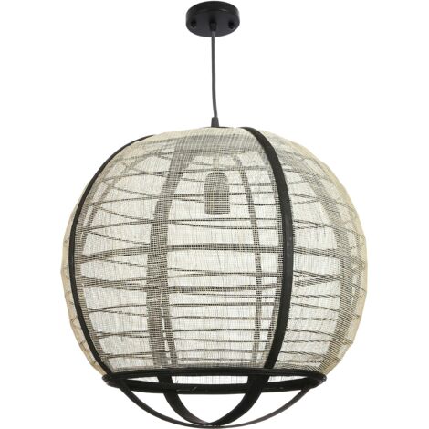 Lampe boule noire rotin et tissu