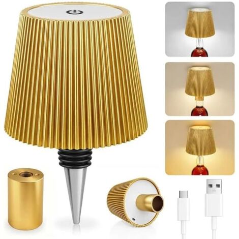 Lampe Bouteille LED Rechargeable, 3 Modes De Température De Couleur Réglables, Tactile, Protection IP54, Lampe De Table Rechargeable USB Sans Fil, Pour Restaurant, Chambre, Jardin, Bar. (Dorée)