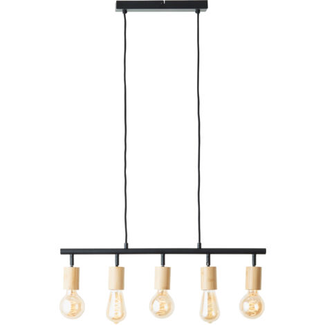 Lampe brillante Tiffany bar suspension 5 ampoules noir mat/métal naturel/plastique marron 5x A60, E27, 28 W