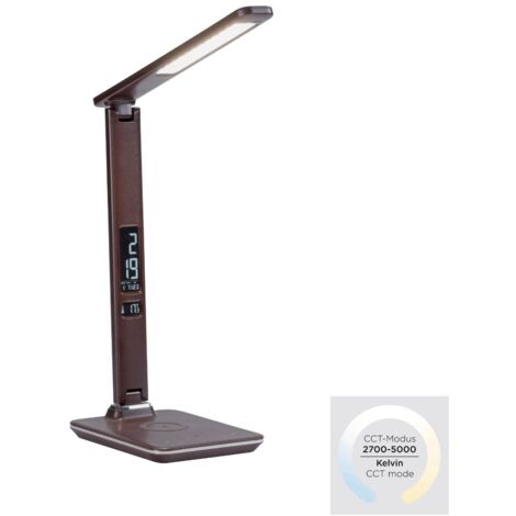 Lampe bureau LED 6W brun, chargeur Qi, Paul Neuhaus