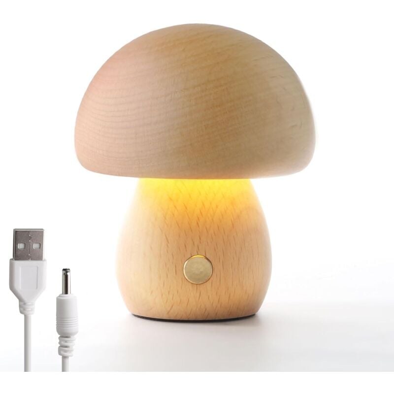 Crea - Lampe Champignon en Bois, Lampe de Chevet Portable à Intensité Variable Rechargeableavec usb, Veilleuse sans fil, Lampe de Table Champignon