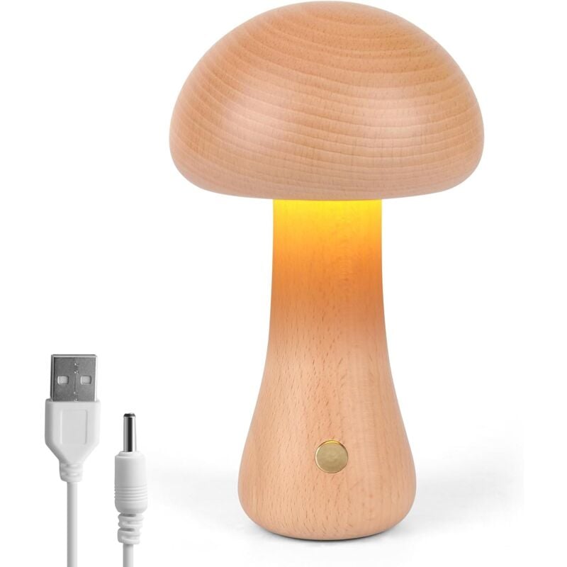 Crea - Lampe Champignon en Bois, Lampe de Chevet Portable à Intensité Variable Rechargeableavec usb, Veilleuse sans fil, Lampe de Table Champignon