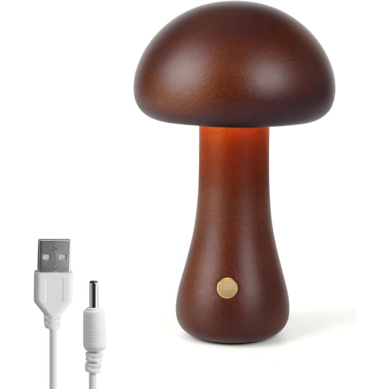 Crea - Lampe Champignon en Bois, Lampe de Chevet Portable à Intensité Variable Rechargeableavec usb, Veilleuse sans fil, Lampe de Table Champignon