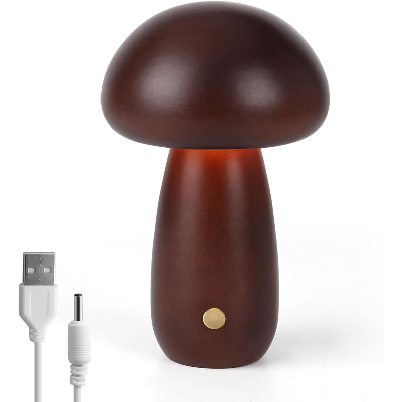 Crea - Lampe Champignon en Bois, Lampe de Chevet Portable à Intensité Variable Rechargeableavec usb, Veilleuse sans fil, Lampe de Table Champignon