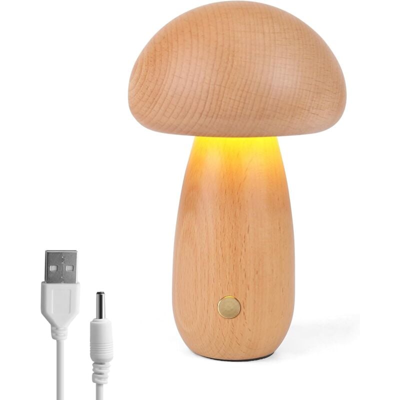 Crea - Lampe Champignon en Bois, Lampe de Chevet Portable à Intensité Variable Rechargeableavec usb, Veilleuse sans fil, Lampe de Table Champignon
