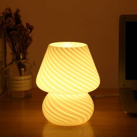 Lampe Champignon, Lampes De Chevet De Table En Verre Translucide Murano Style Vintage Rayé Petite Nuit Champignon Décor Lumière Tourbillon Pour Ambiance (Blanc Rayé)